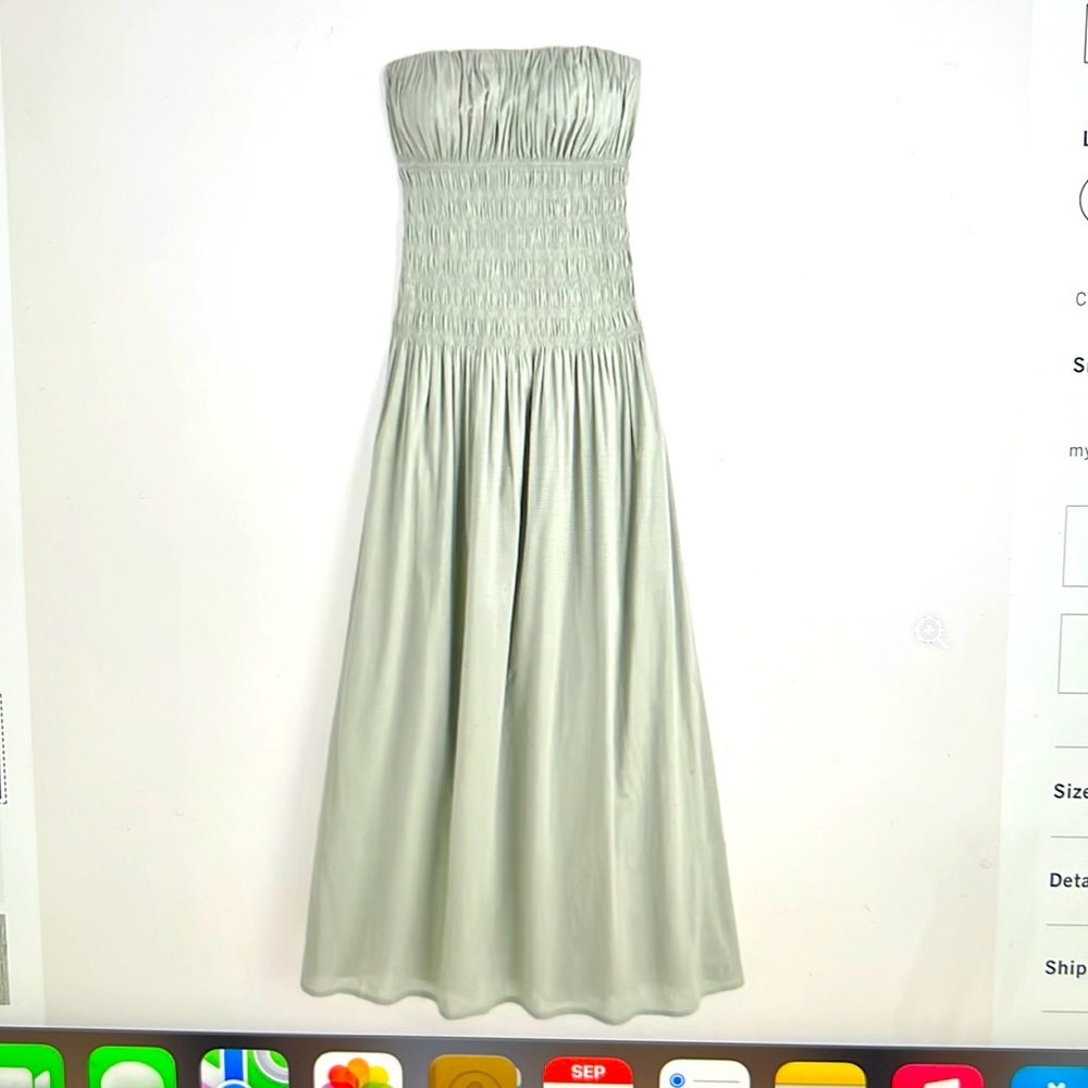 Strapless drop-waist smocked maxi dress in olive green & Large petite